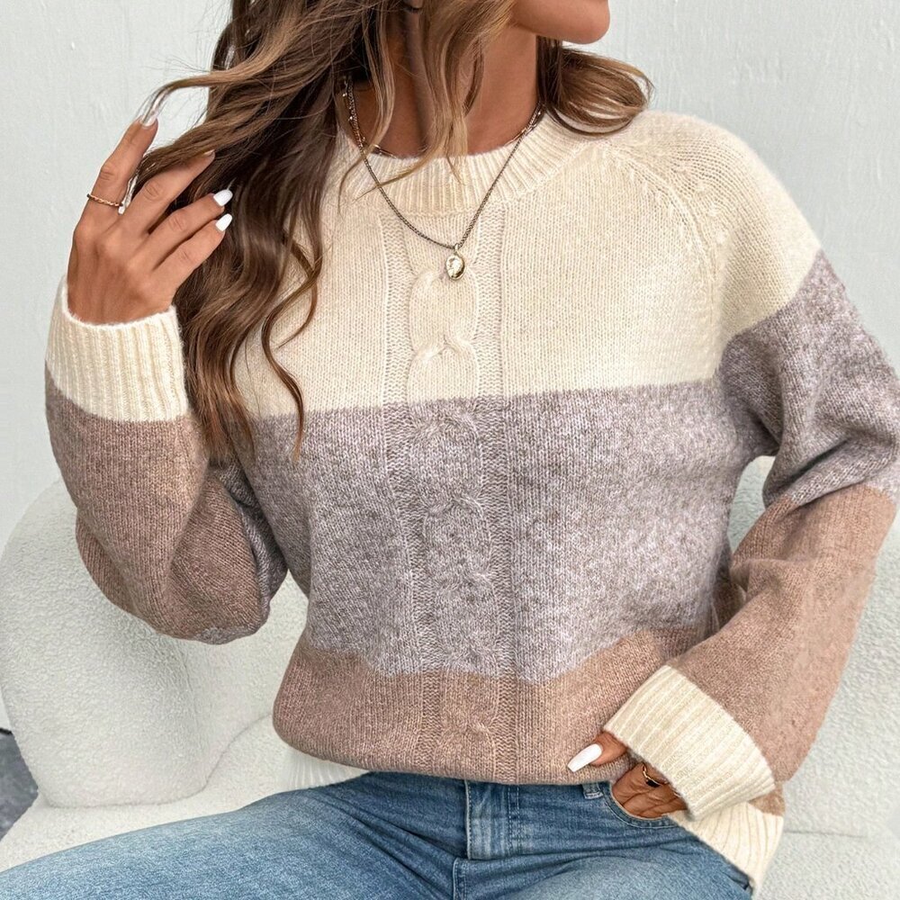 Apricot Casual Women's Loose Knit Pullover with Contrasting Cable Design